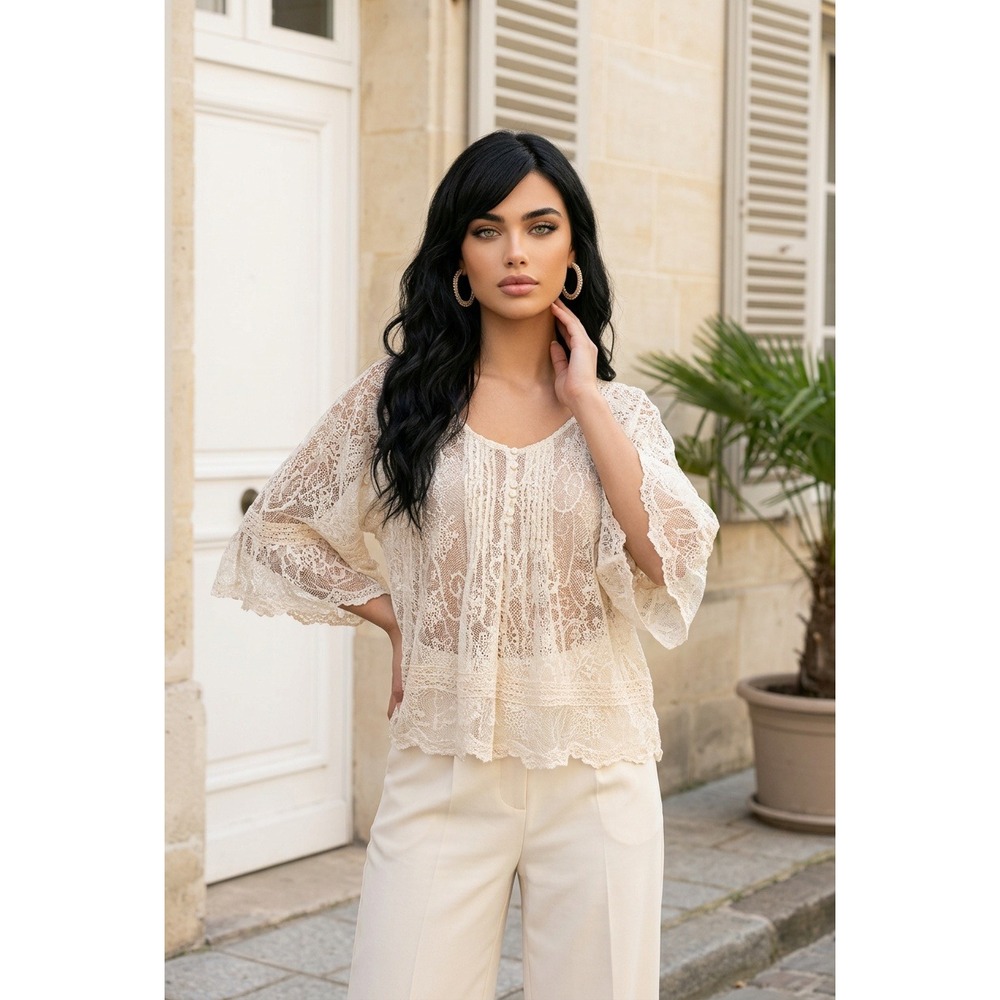 Chaudry KC Lace Blouse Women L Ivory Sheer Cotton Bell Sleeve Romantic Fairy Top